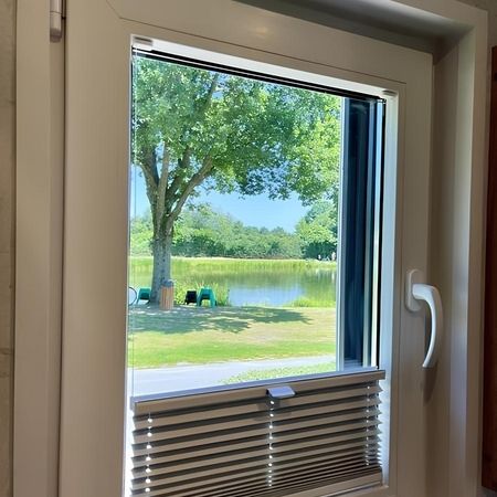 Ausblick aus dem modernen Heim Chalet auf einen ruhigen See und einen Baum, umgeben von der Natur, ideal für ein Picknick.