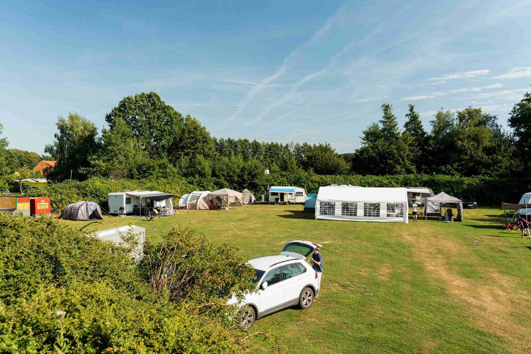 Weitläufige Campingwiese im Camp zur Rotbuche mit Wohnwagen, Zelten und Pavillons zwischen grünen Hecken und hohen Bäumen unter sommerlichem Himmel